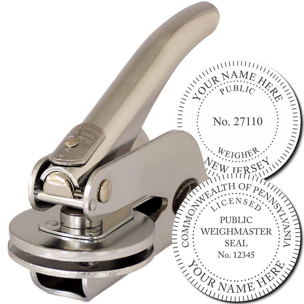 A Public Weighmaster Handheld Seal Embosser with two round seal images showing how seals will look after embossing from it.