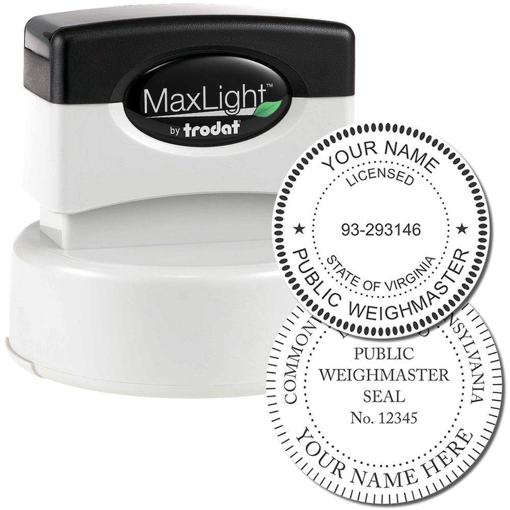 Public Weighmaster MaxLight Pre Inked Rubber Stamp of Seal, featuring a round design with customizable text for official use.