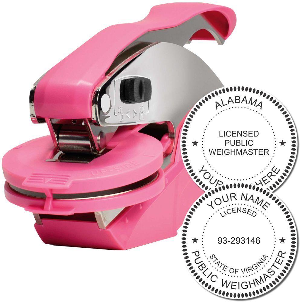 Public Weighmaster Pink Hybrid Handheld Embosser with two sample embossed seals showing Licensed Public Weighmaster text.