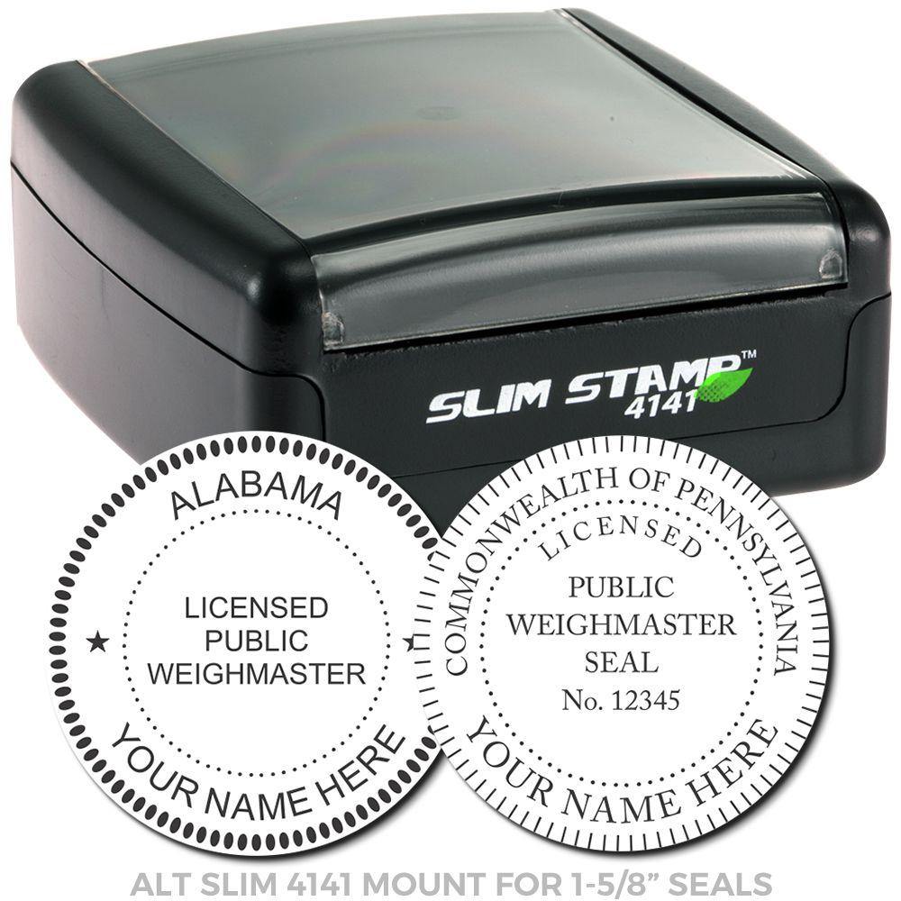 Public Weighmaster Slim Pre-Inked Rubber Stamp of Seal, black casing with two sample seals for Alabama and Pennsylvania, customizable text.