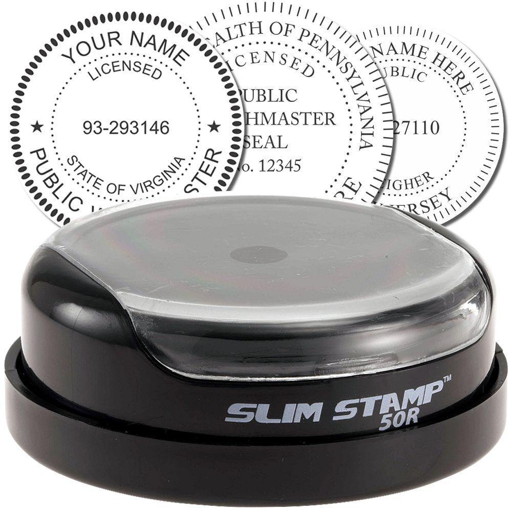 Public Weighmaster Slim Pre-Inked Rubber Stamp of Seal, black and round, with customizable text options for various states shown in the background.