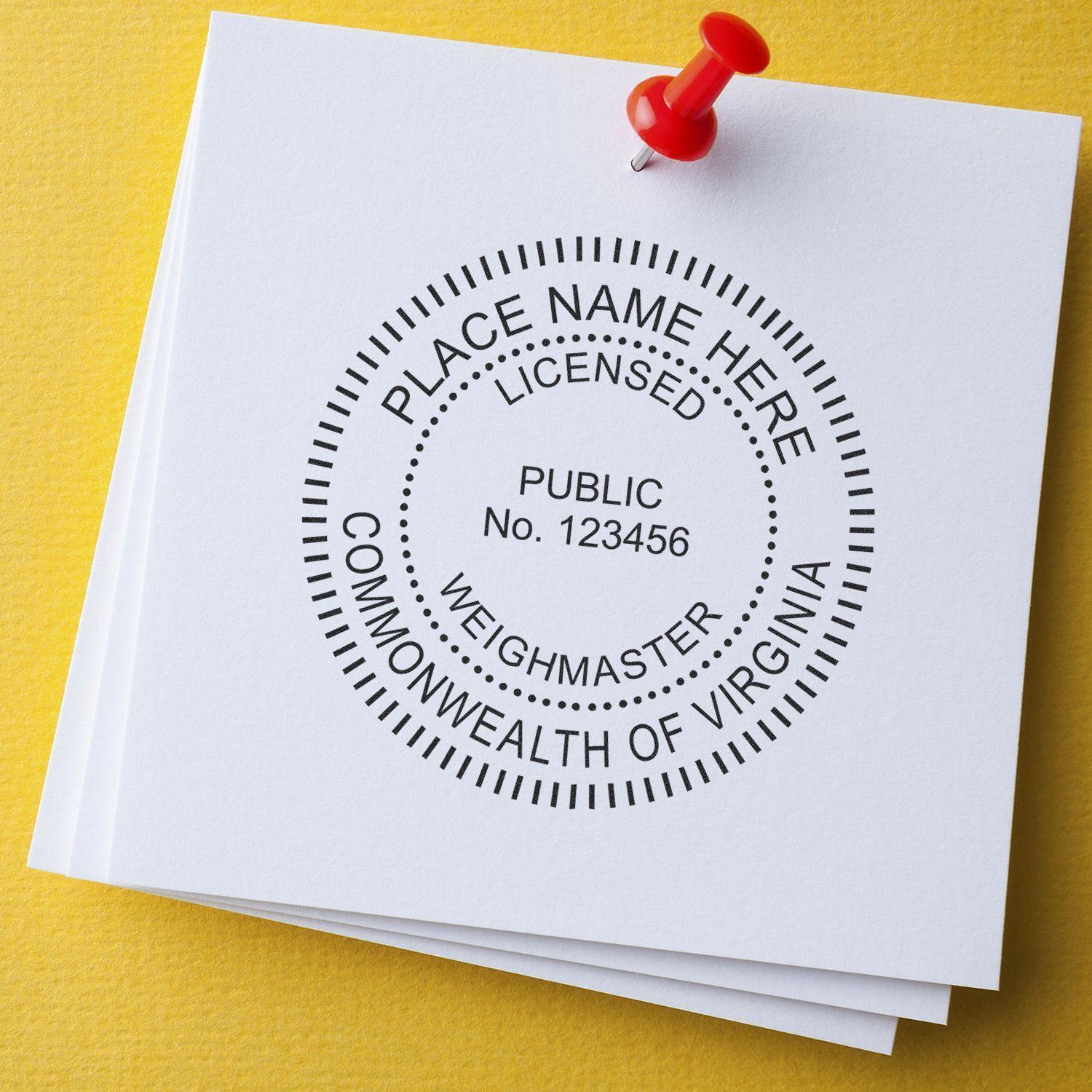 Public Weighmaster Slim Pre-Inked Rubber Stamp of Seal on white paper with a red pushpin on a yellow background.