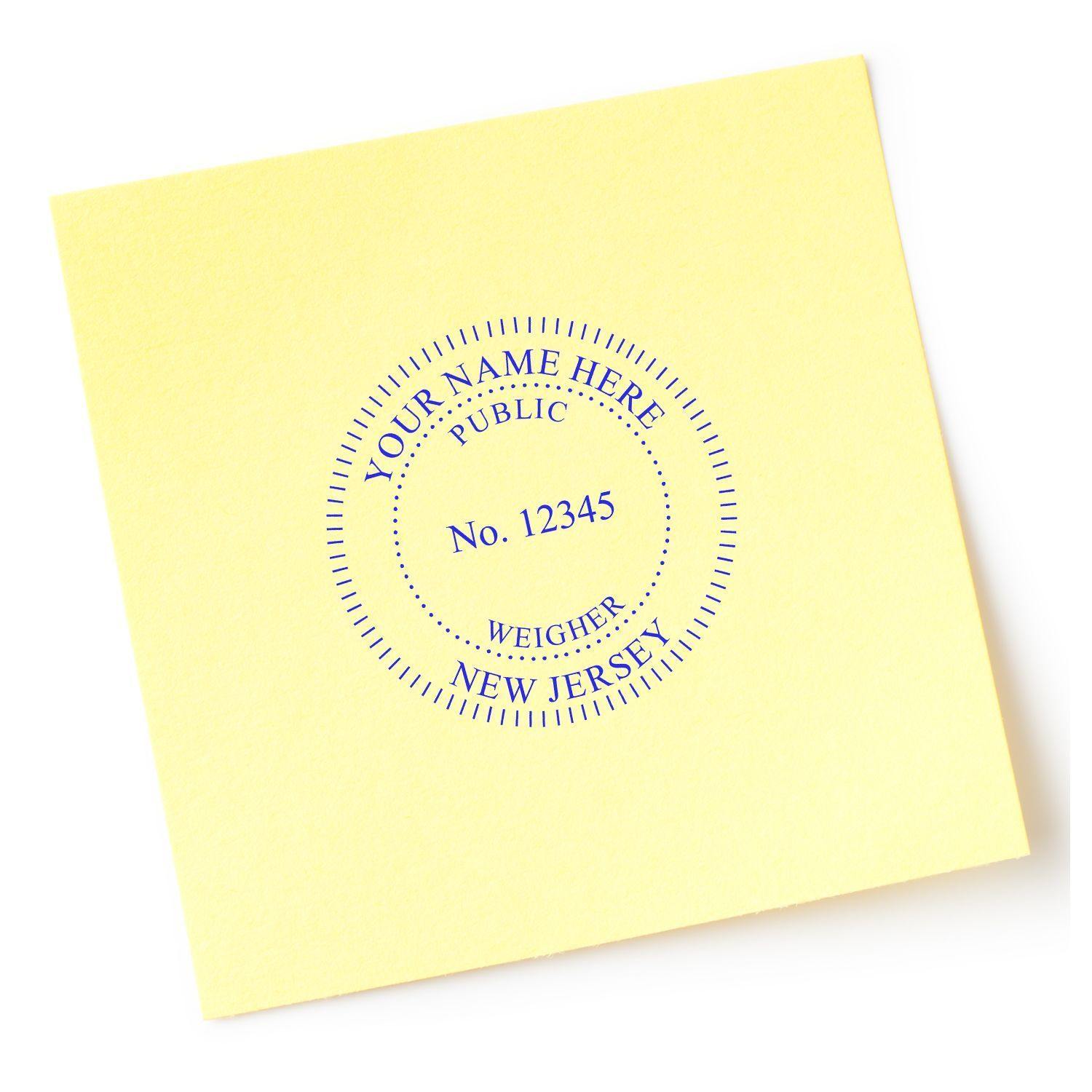 Public Weighmaster Regular Rubber Stamp of Seal in blue ink on a yellow paper, displaying customizable text for public weigher certification.