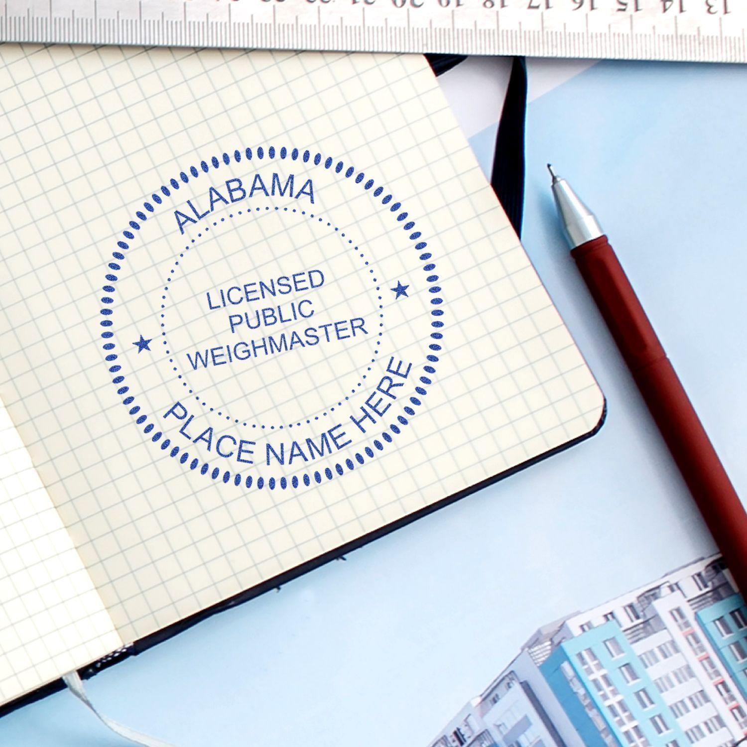 Public Weighmaster Regular Rubber Stamp of Seal in blue ink on a notebook, with a pen and ruler nearby.