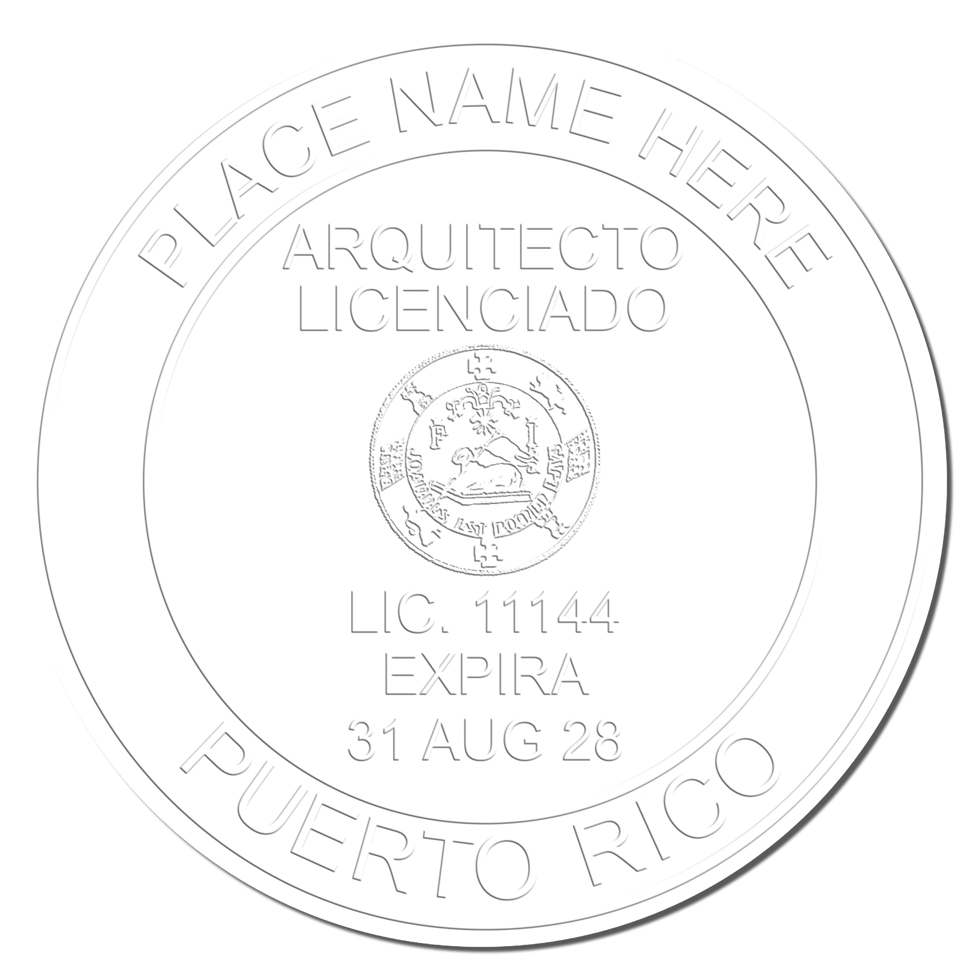 A photograph of the Handheld Puerto Rico Architect Seal Embosser stamp impression reveals a vivid, professional image of the on paper.