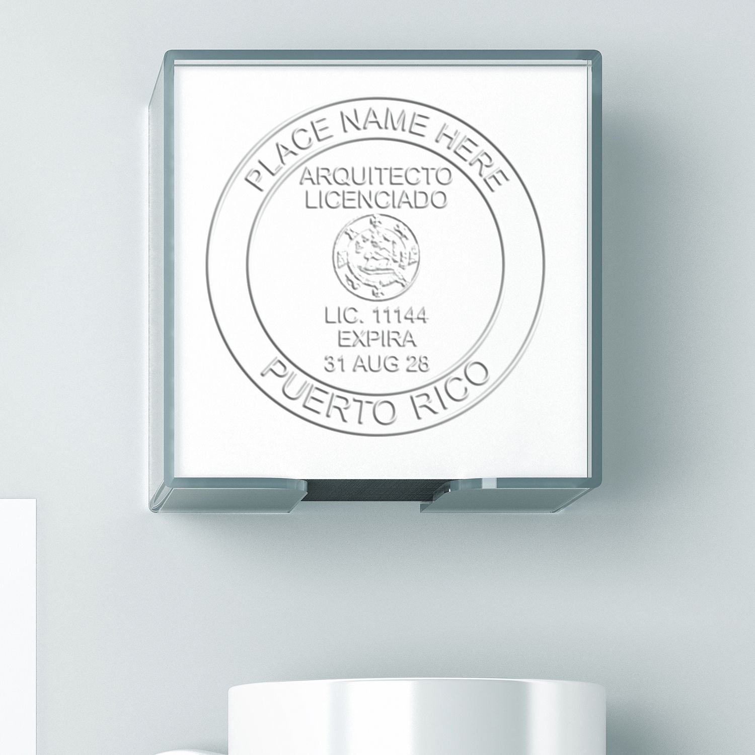 This paper is stamped with a sample imprint of the Handheld Puerto Rico Architect Seal Embosser, signifying its quality and reliability.