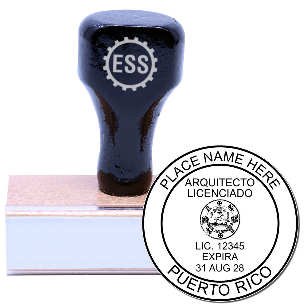 Puerto Rico Architect Seal Stamp with wooden handle and rubber base, featuring customizable text for licensed architects in Puerto Rico.