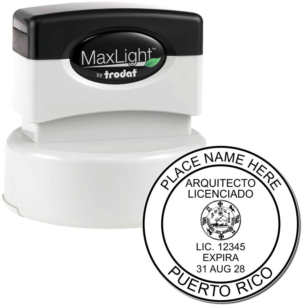 Premium MaxLight Pre-Inked Puerto Rico Architectural Stamp with customizable text, featuring a black and white design and Trodat branding.