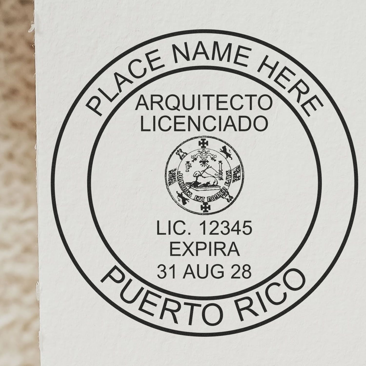 Digital Puerto Rico Architect Stamp, Electronic Seal for Puerto Rico Architect, with customizable name and license details, expiring 31 Aug 28.