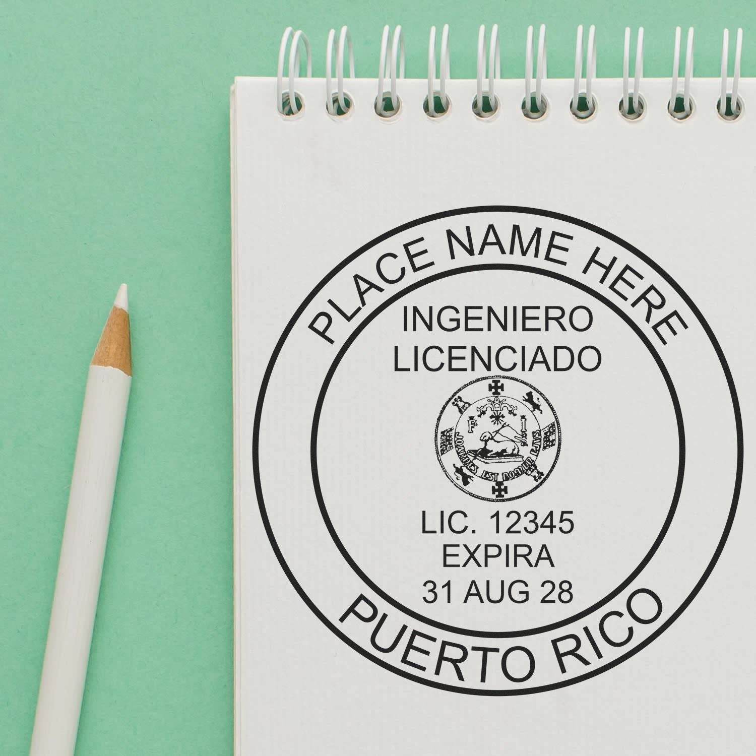 A lifestyle photo showing a stamped image of the Slim Pre-Inked Puerto Rico Professional Engineer Seal Stamp on a piece of paper