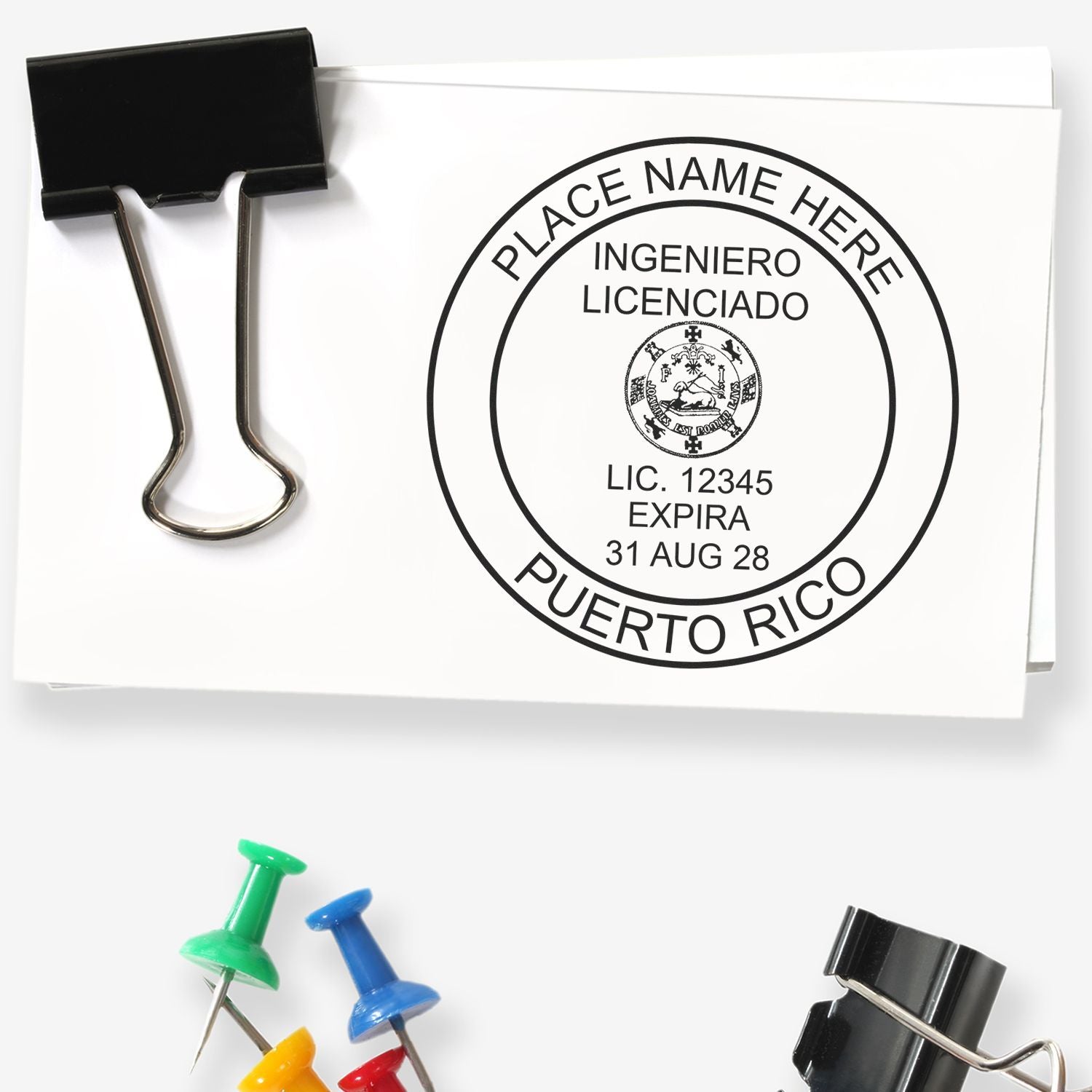 A lifestyle photo showing a stamped image of the Puerto Rico Professional Engineer Seal Stamp on a piece of paper