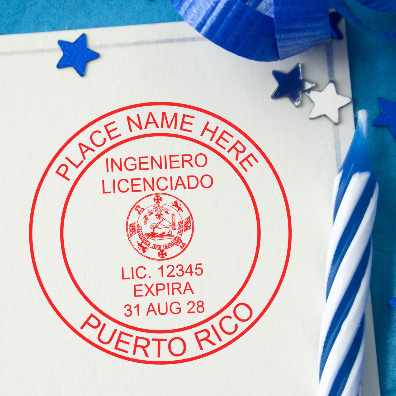 A photograph of the Premium MaxLight Pre-Inked Puerto Rico Engineering Stamp stamp impression reveals a vivid, professional image of the on paper.