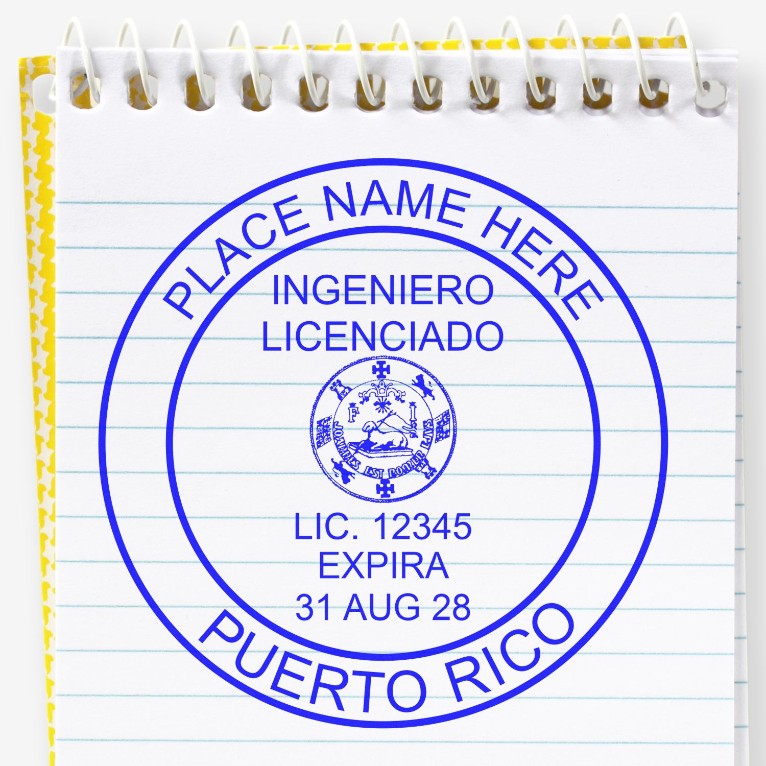 A lifestyle photo showing a stamped image of the Premium MaxLight Pre-Inked Puerto Rico Engineering Stamp on a piece of paper