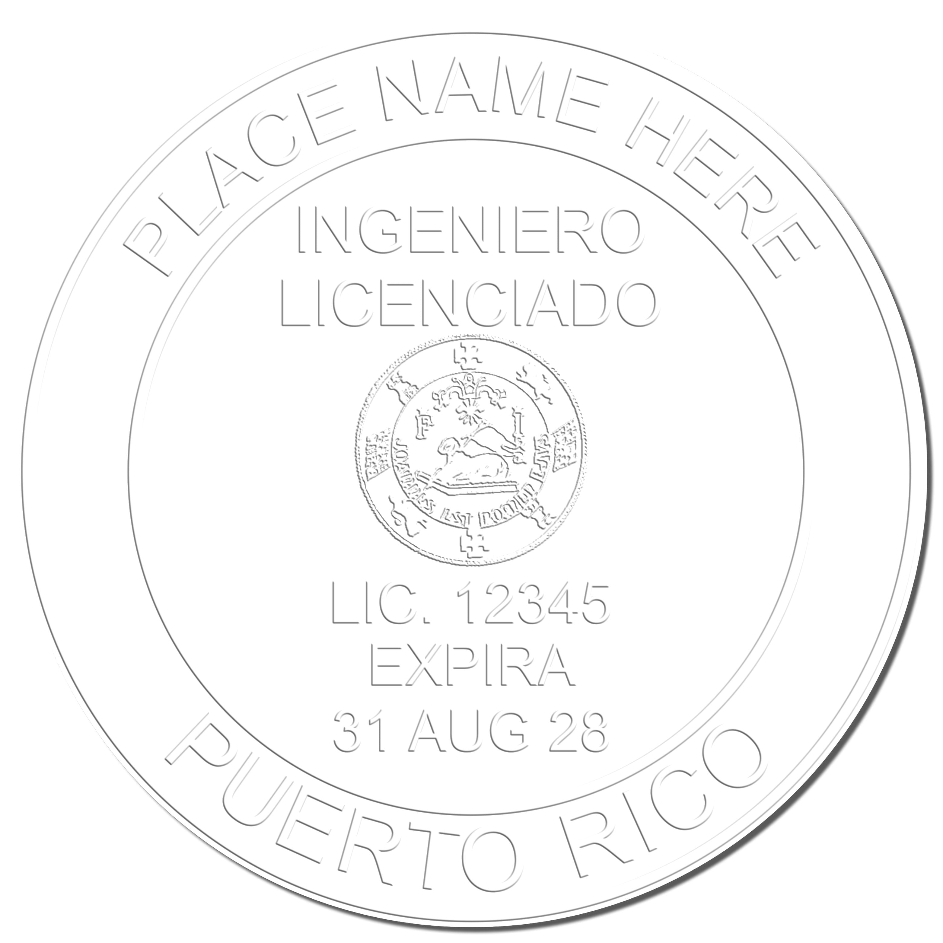 A photograph of the Handheld Puerto Rico Professional Engineer Embosser stamp impression reveals a vivid, professional image of the on paper.