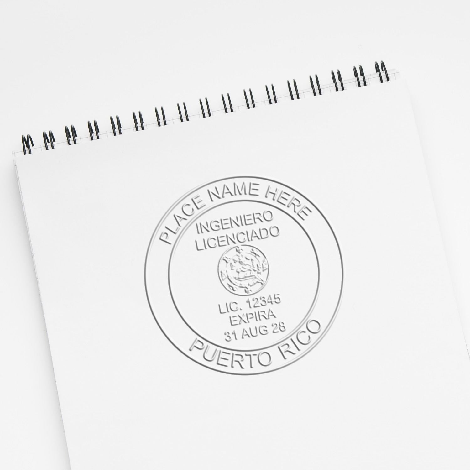 This paper is stamped with a sample imprint of the Puerto Rico Engineer Desk Seal, signifying its quality and reliability.