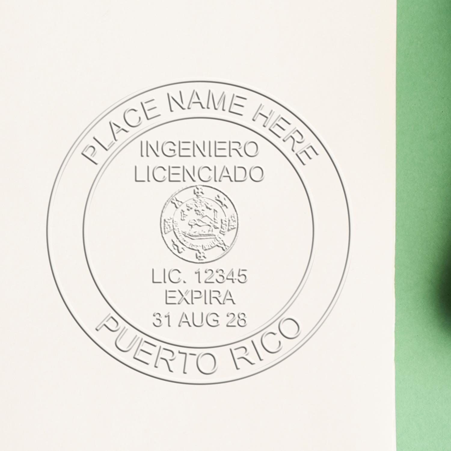 A lifestyle photo showing a stamped image of the Handheld Puerto Rico Professional Engineer Embosser on a piece of paper