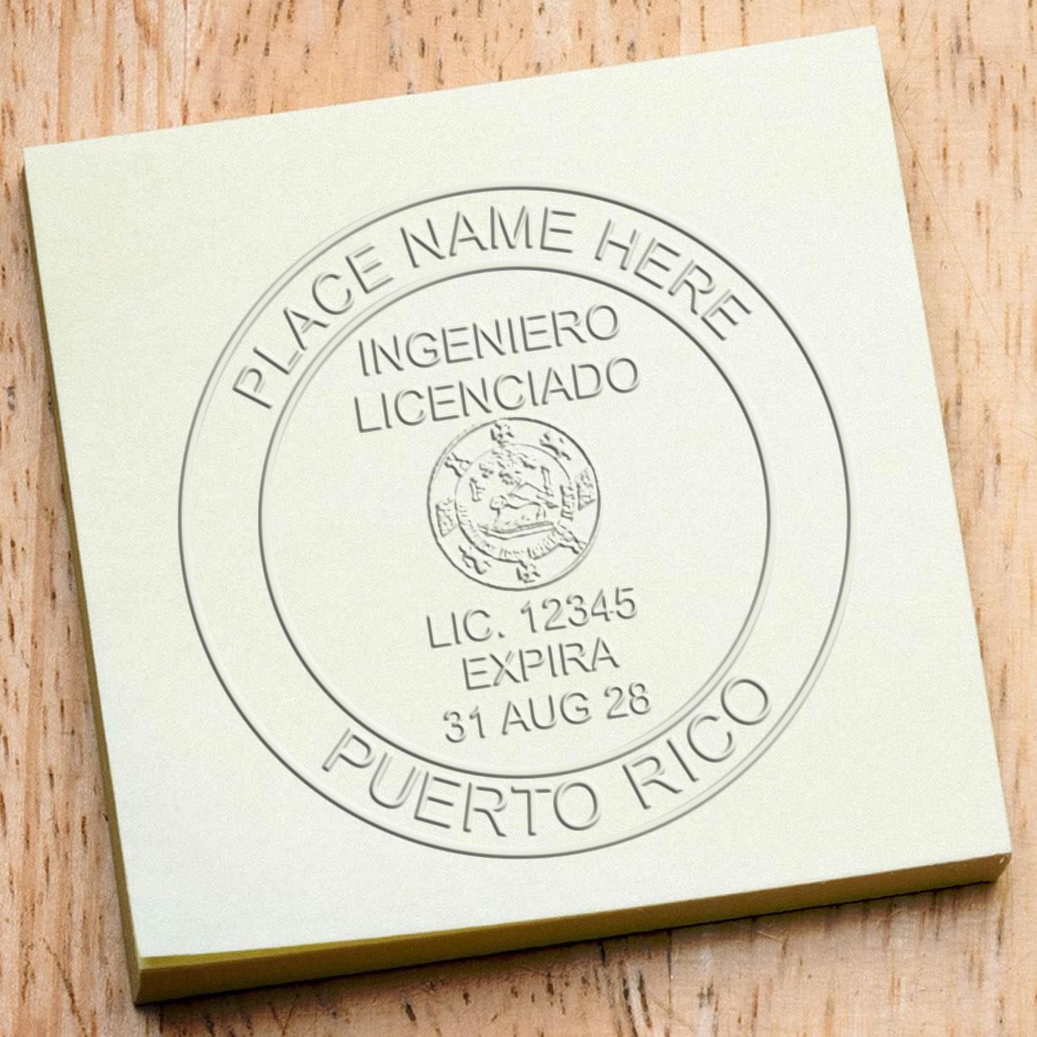 A stamped impression of the Handheld Puerto Rico Professional Engineer Embosser in this stylish lifestyle photo, setting the tone for a unique and personalized product.