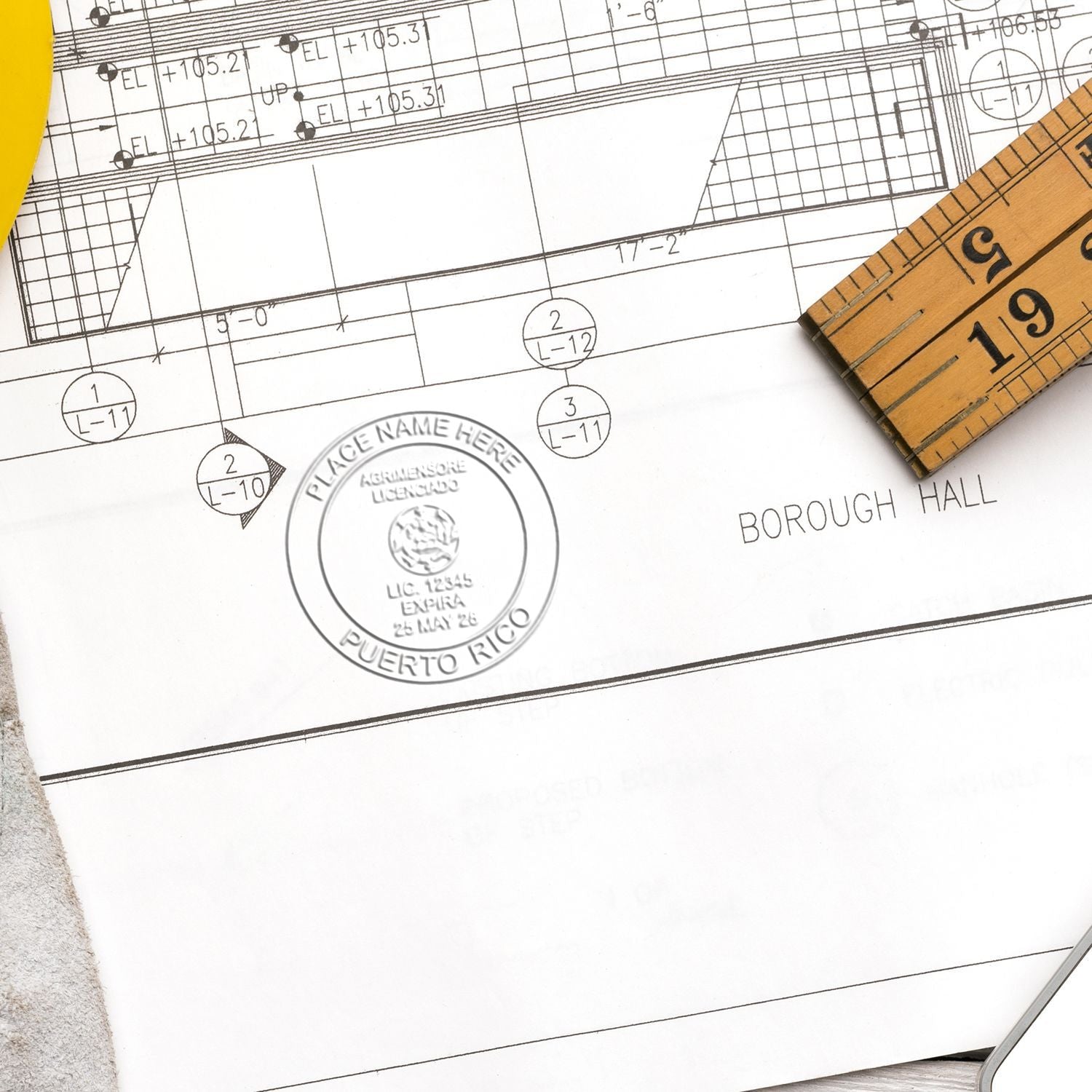 An alternative view of the Gift Puerto Rico Land Surveyor Seal stamped on a sheet of paper showing the image in use