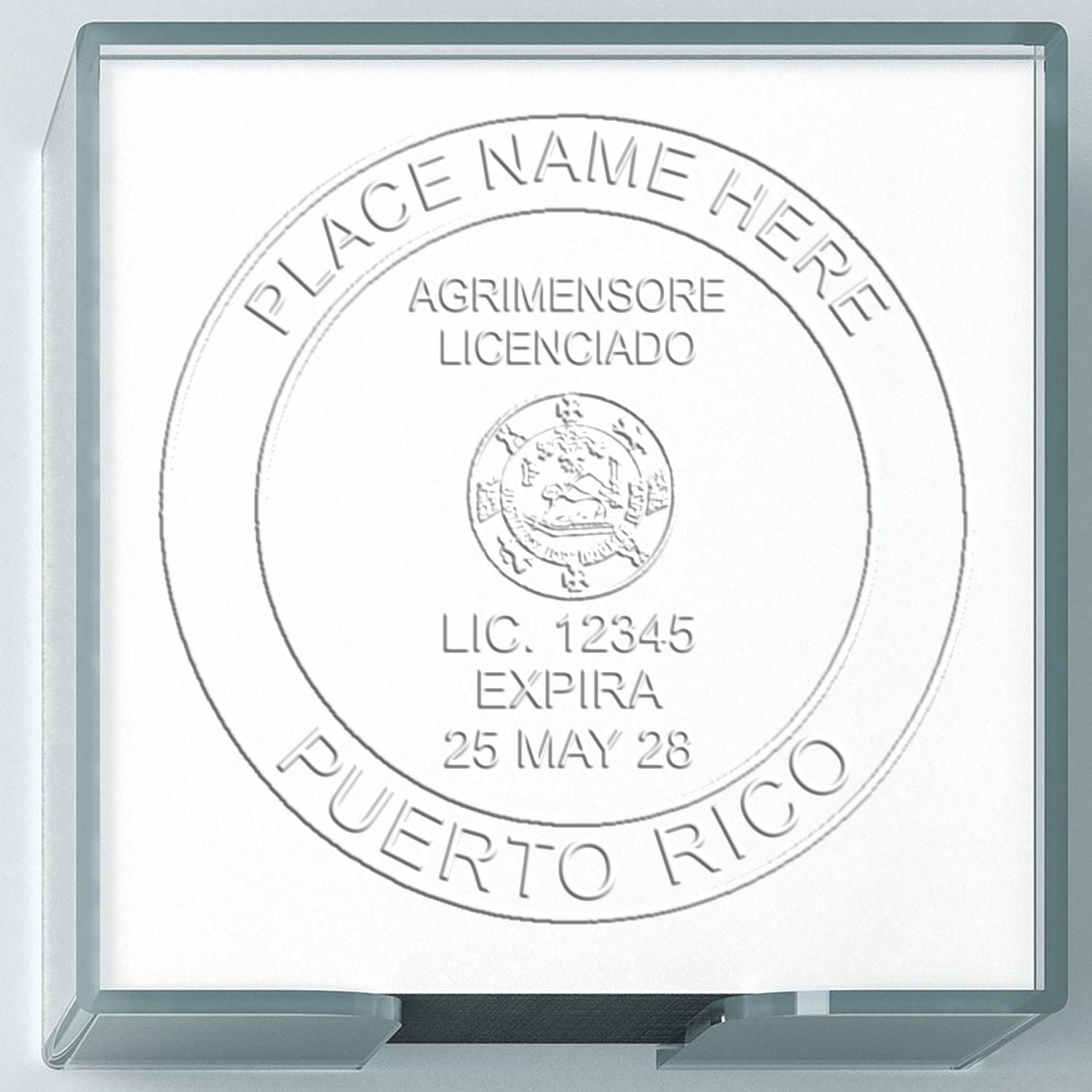 A photograph of the State of Puerto Rico Soft Land Surveyor Embossing Seal stamp impression reveals a vivid, professional image of the on paper.