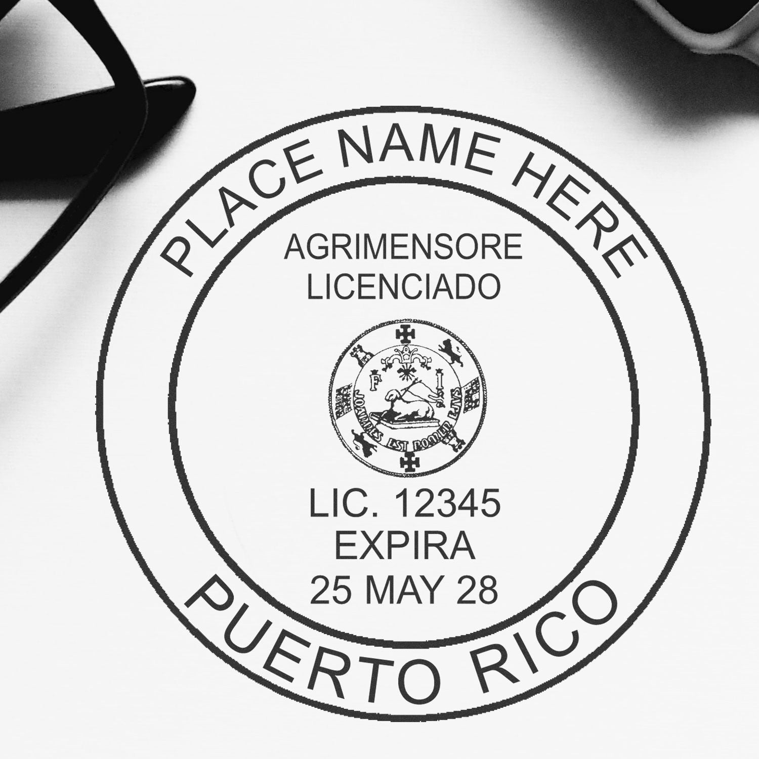 Puerto Rico Land Surveyor Seal Stamp, PR PLS Stamp, with customizable name, license number, and expiration date, on a white background.