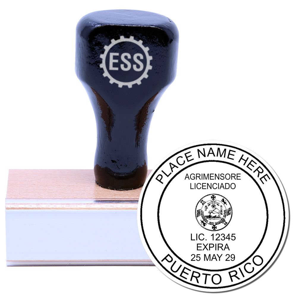 Puerto Rico Land Surveyor Seal Stamp, PR PLS Stamp with a wooden handle and customizable seal for licensed surveyors in Puerto Rico.