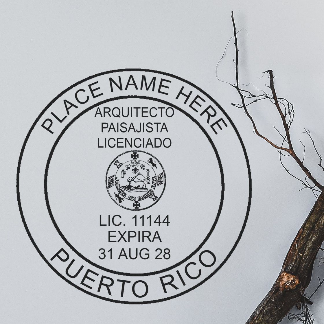 A photograph of the Self-Inking Puerto Rico Landscape Architect Stamp stamp impression reveals a vivid, professional image of the on paper.