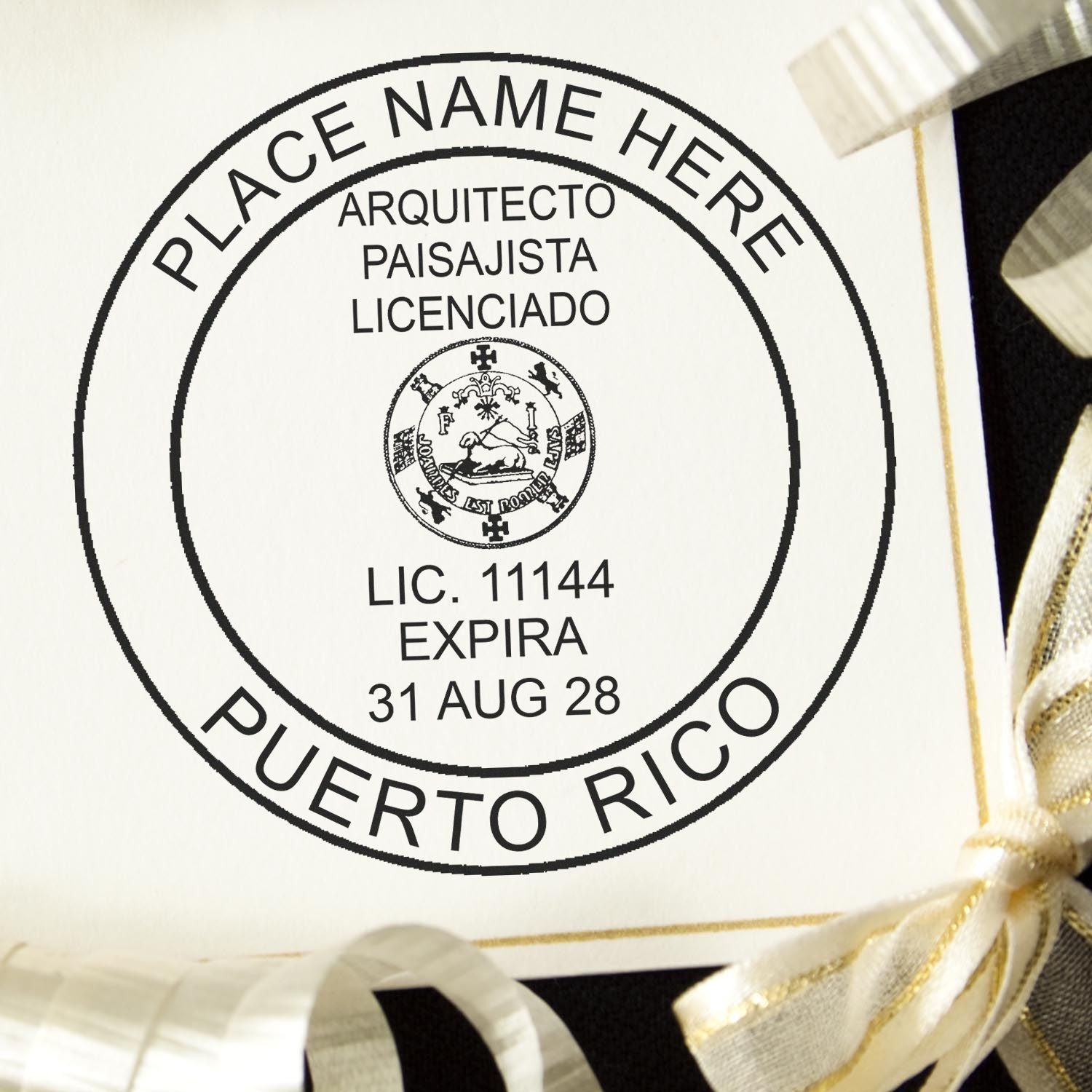 A lifestyle photo showing a stamped image of the Puerto Rico Landscape Architectural Seal Stamp on a piece of paper