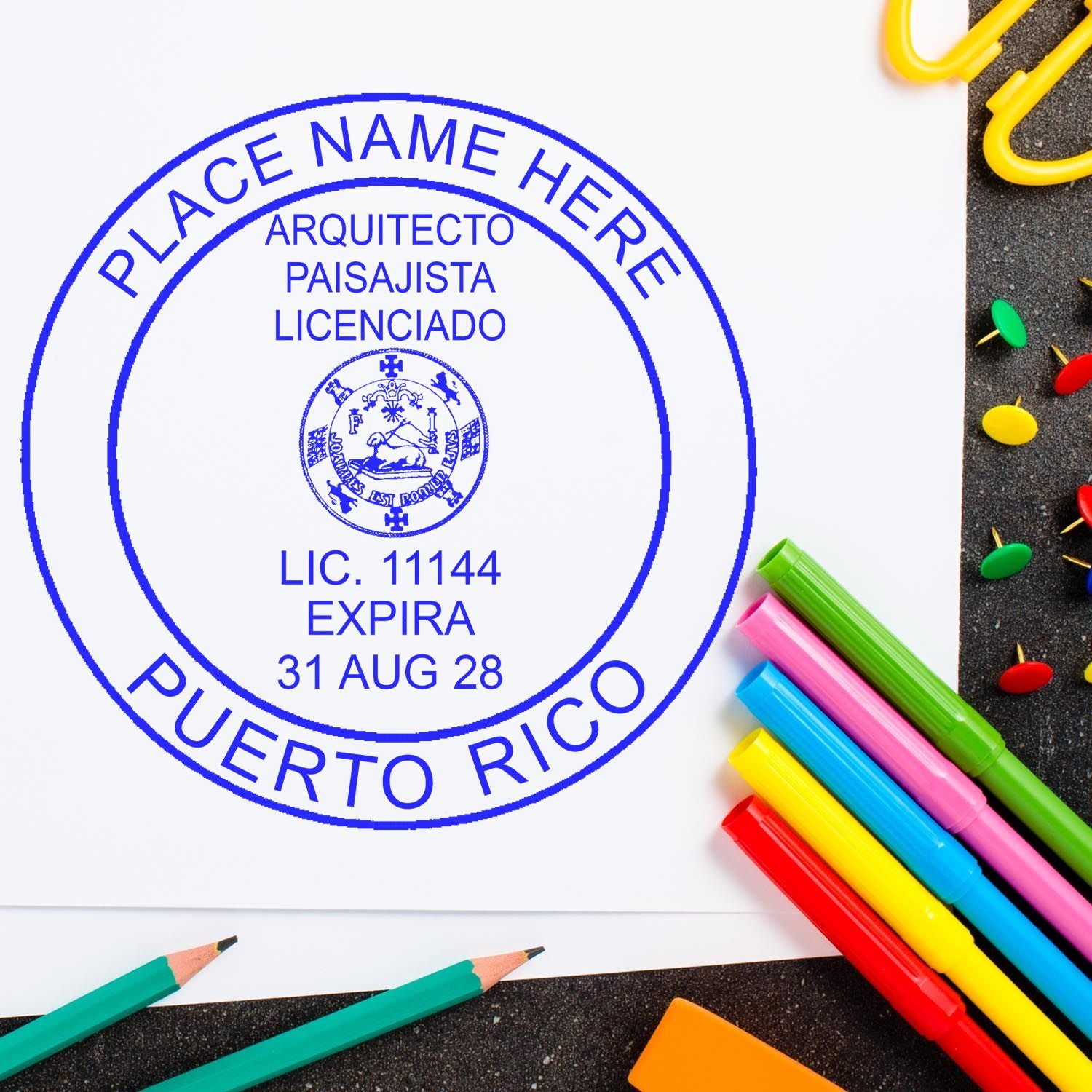 Puerto Rico Landscape Architectural Seal Stamp in use photo showing a stamped imprint of the Puerto Rico Landscape Architectural Seal Stamp