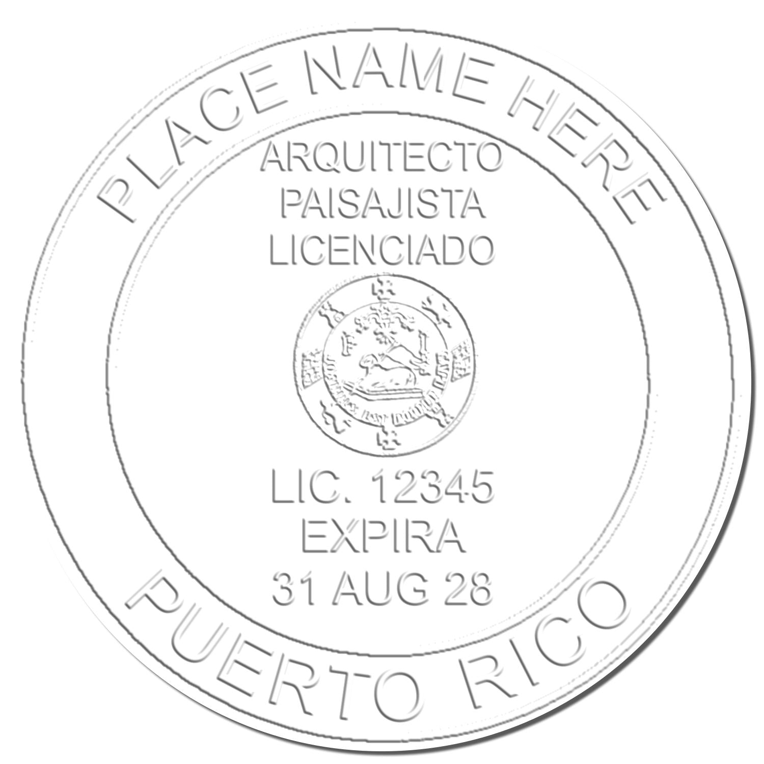 This paper is stamped with a sample imprint of the State of Puerto Rico Handheld Landscape Architect Seal, signifying its quality and reliability.