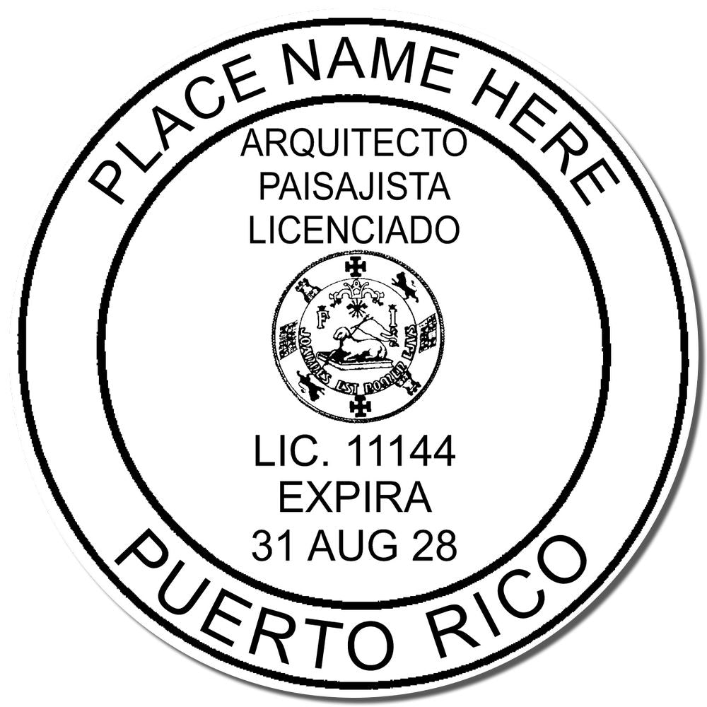 An alternative view of the Digital Puerto Rico Landscape Architect Stamp stamped on a sheet of paper showing the image in use