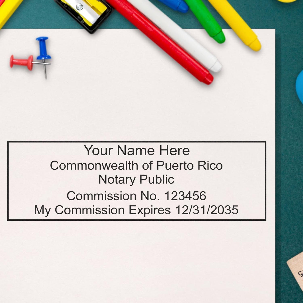 The Super Slim Puerto Rico Notary Public Stamp stamp impression comes to life with a crisp, detailed photo on paper - showcasing true professional quality.