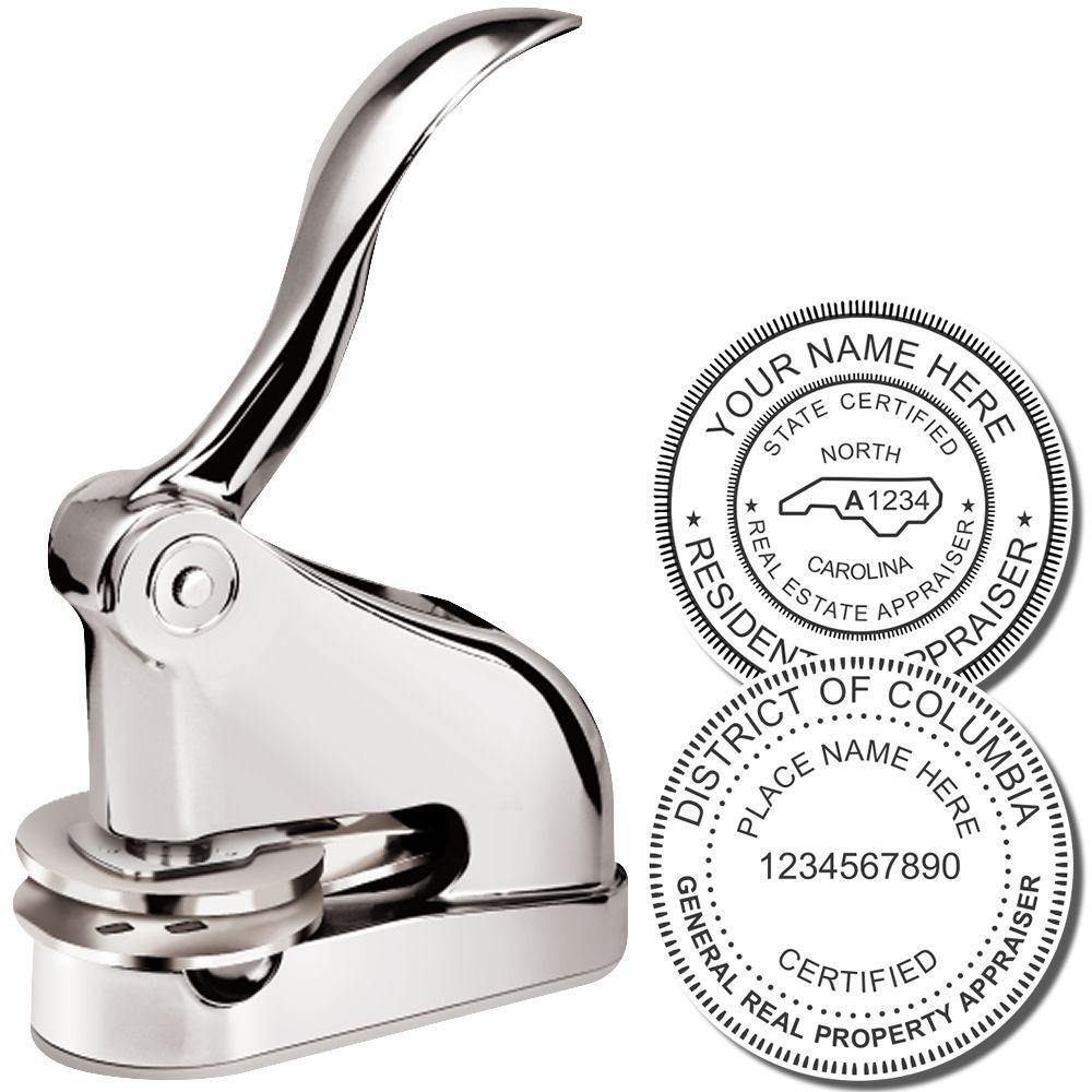 A Real Estate Appraiser Chrome Gift Seal Embosser with two round embossed images showing how images will look like on documents after embossing from it.