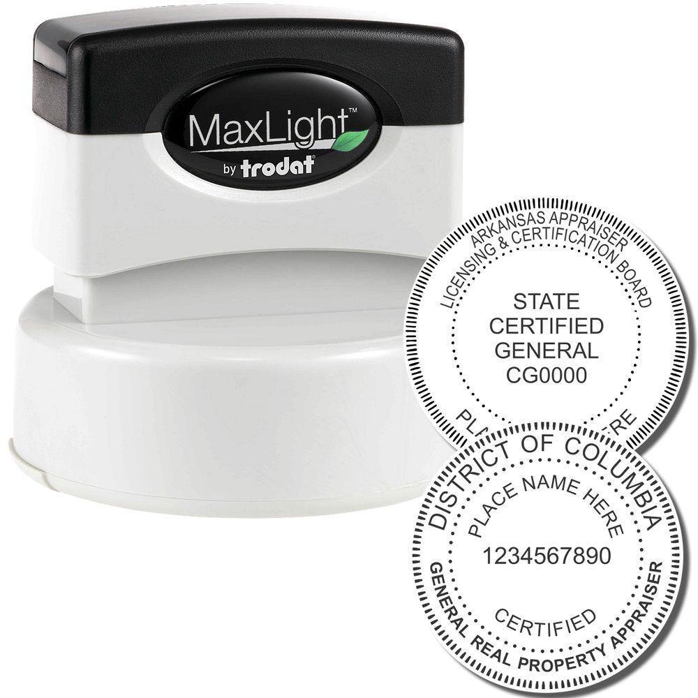 Real Estate Appraiser MaxLight Pre Inked Rubber Stamp of Seal, featuring a black and white design with customizable text options.