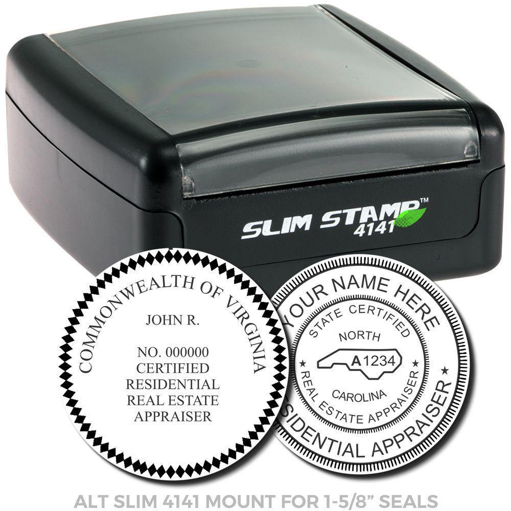 Image of the Real Estate Appraiser Slim Pre Inked Rubber Stamp of Seal, featuring a compact black stamp and sample seal impressions.