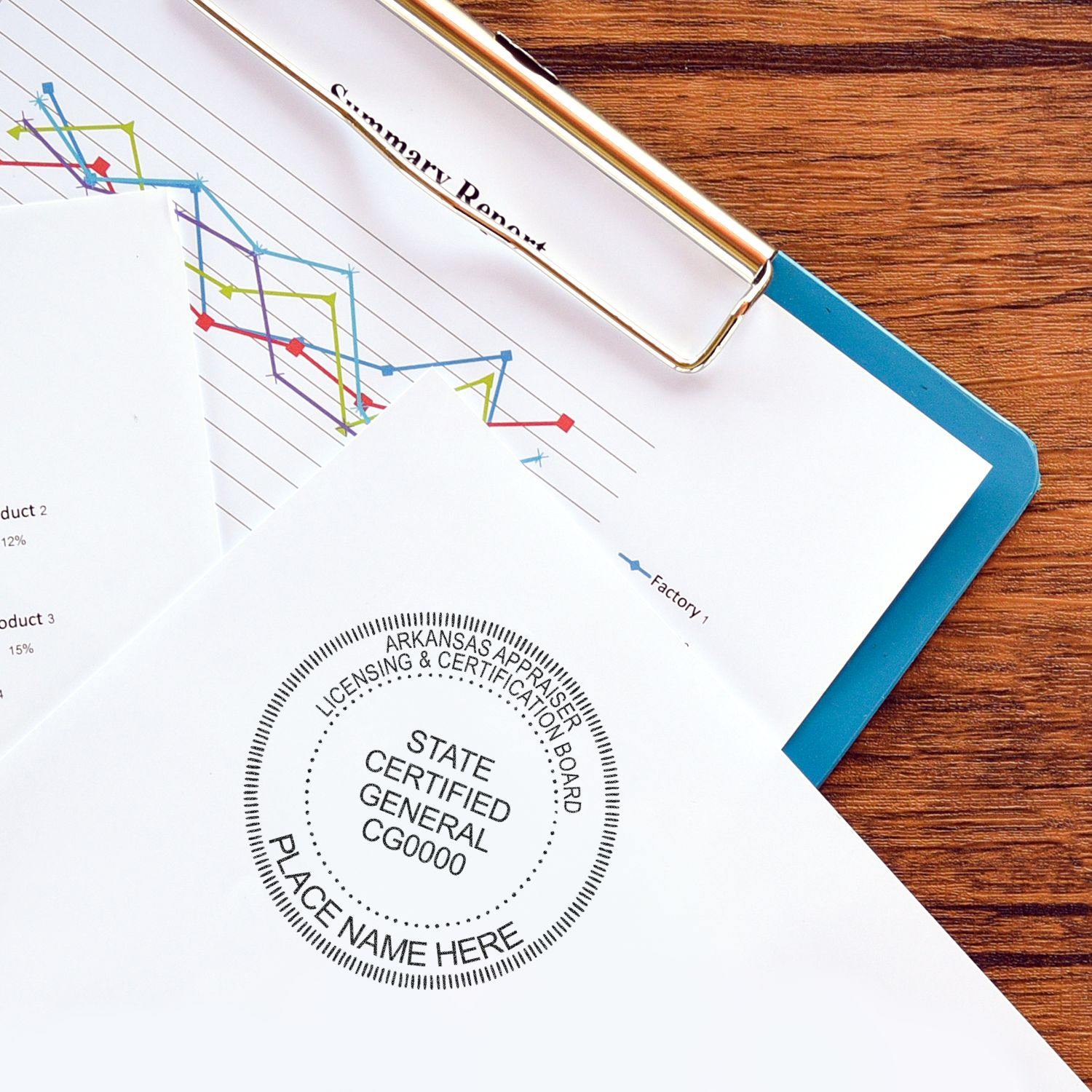 Real Estate Appraiser Self Inking Rubber Stamp of Seal used on a document, placed on a clipboard with a graph in the background.
