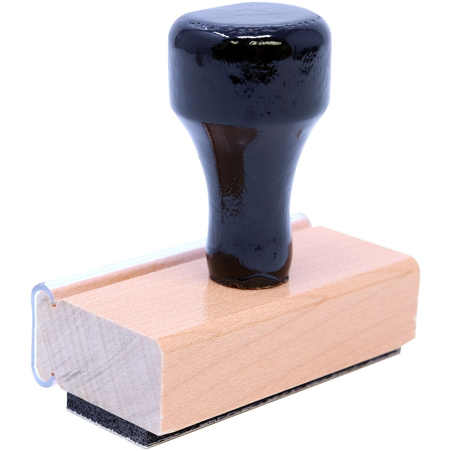 3 Line Address Stamp - Regular Rubber Stamp with a black handle and wooden mount, shown from the back-right view.