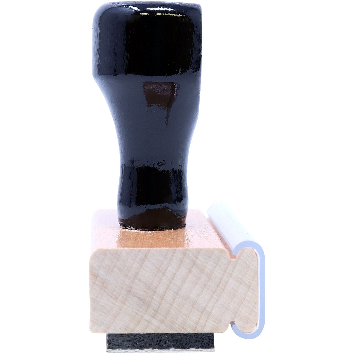 Side view of the 3 Line Address Stamp - Regular Rubber Stamp with a black handle and wooden mount, showcasing its sturdy design.