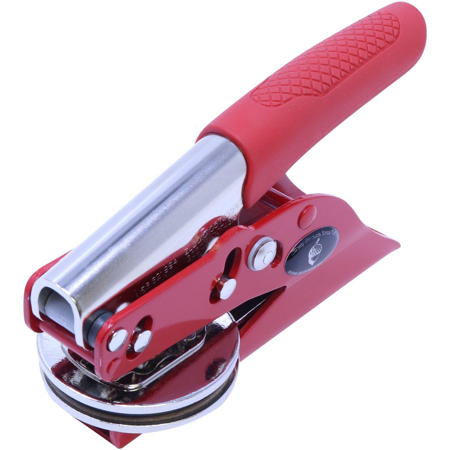 Public Weighmaster Red Soft Seal Embosser with a red handle and metallic body, angled front view, designed for creating embossed imprints.