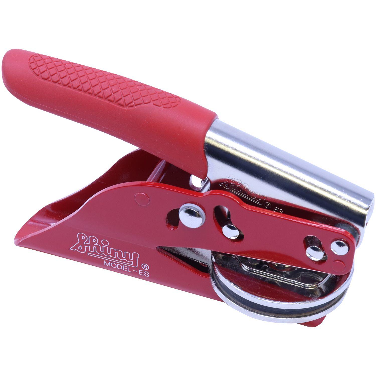 Architect Red Seal Handheld Embosser with a red handle and metallic body, featuring the Shiny Model ES logo. The embosser is angled to the left, showcasing its compact and ergonomic design.