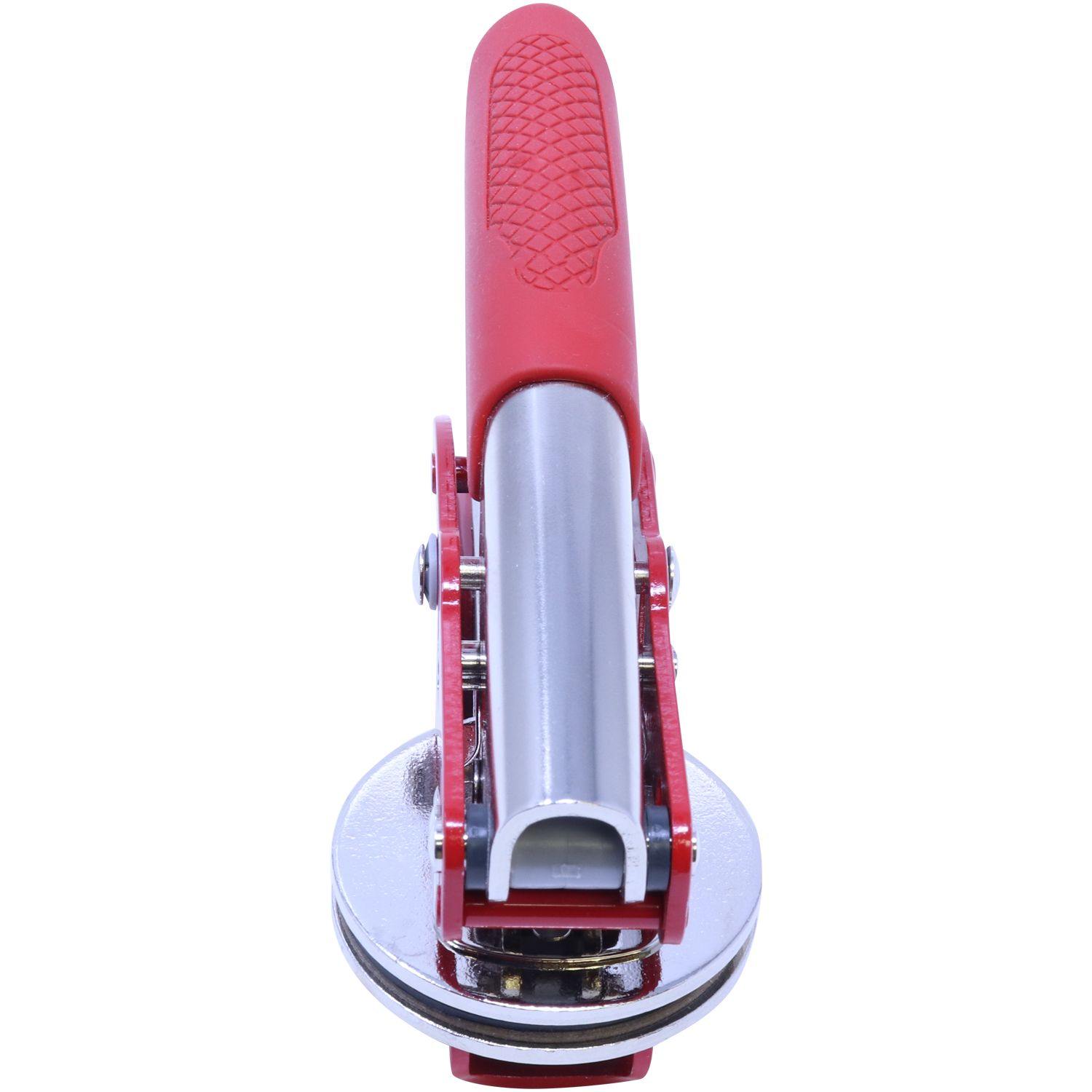 Top view of the Architect Red Seal Handheld Embosser with a red handle and silver metal components, designed for creating embossed imprints.