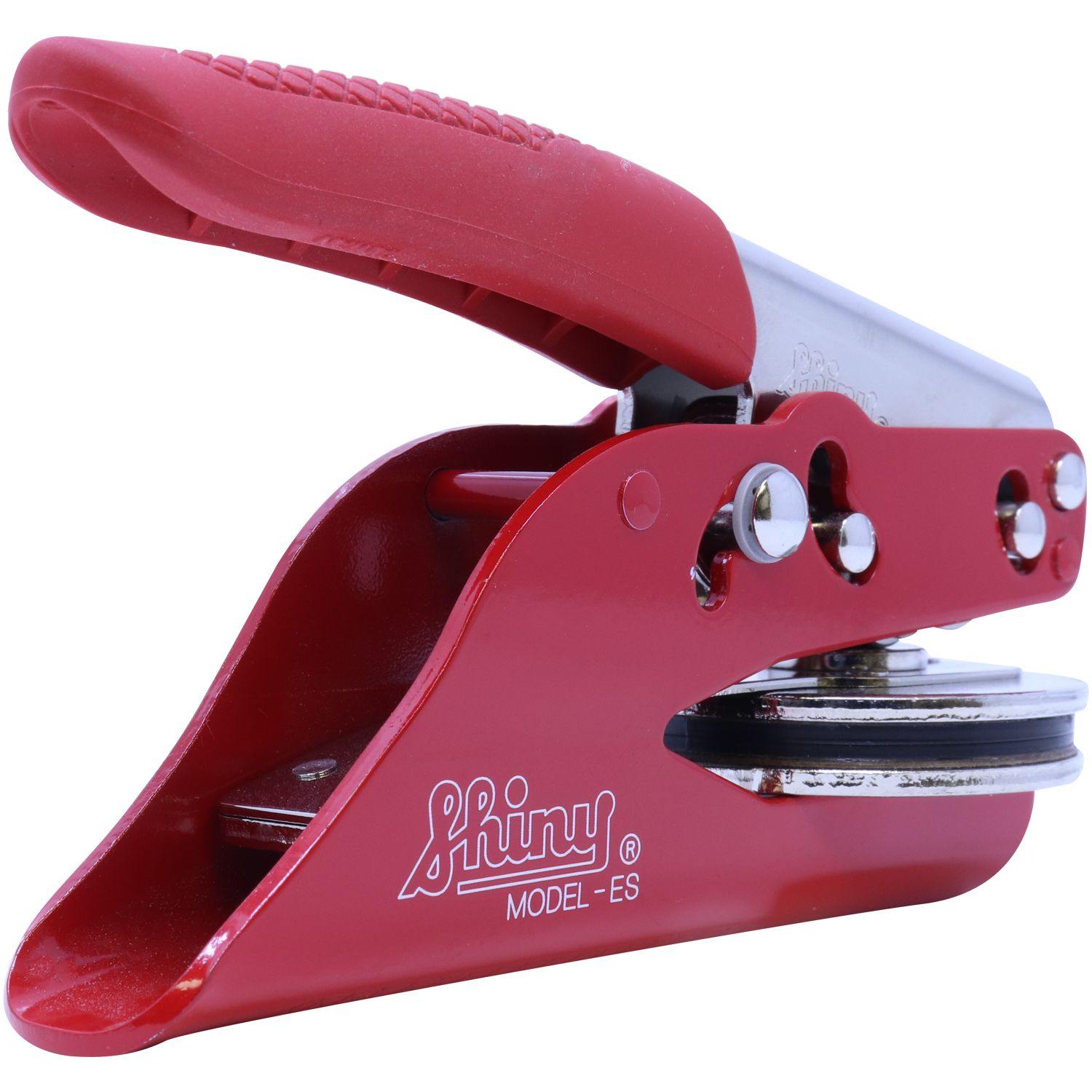 Architect Red Seal Handheld Embosser with a red handle and metal components, featuring the Shiny Model-ES branding on the side. The embosser is designed for creating embossed imprints on documents.