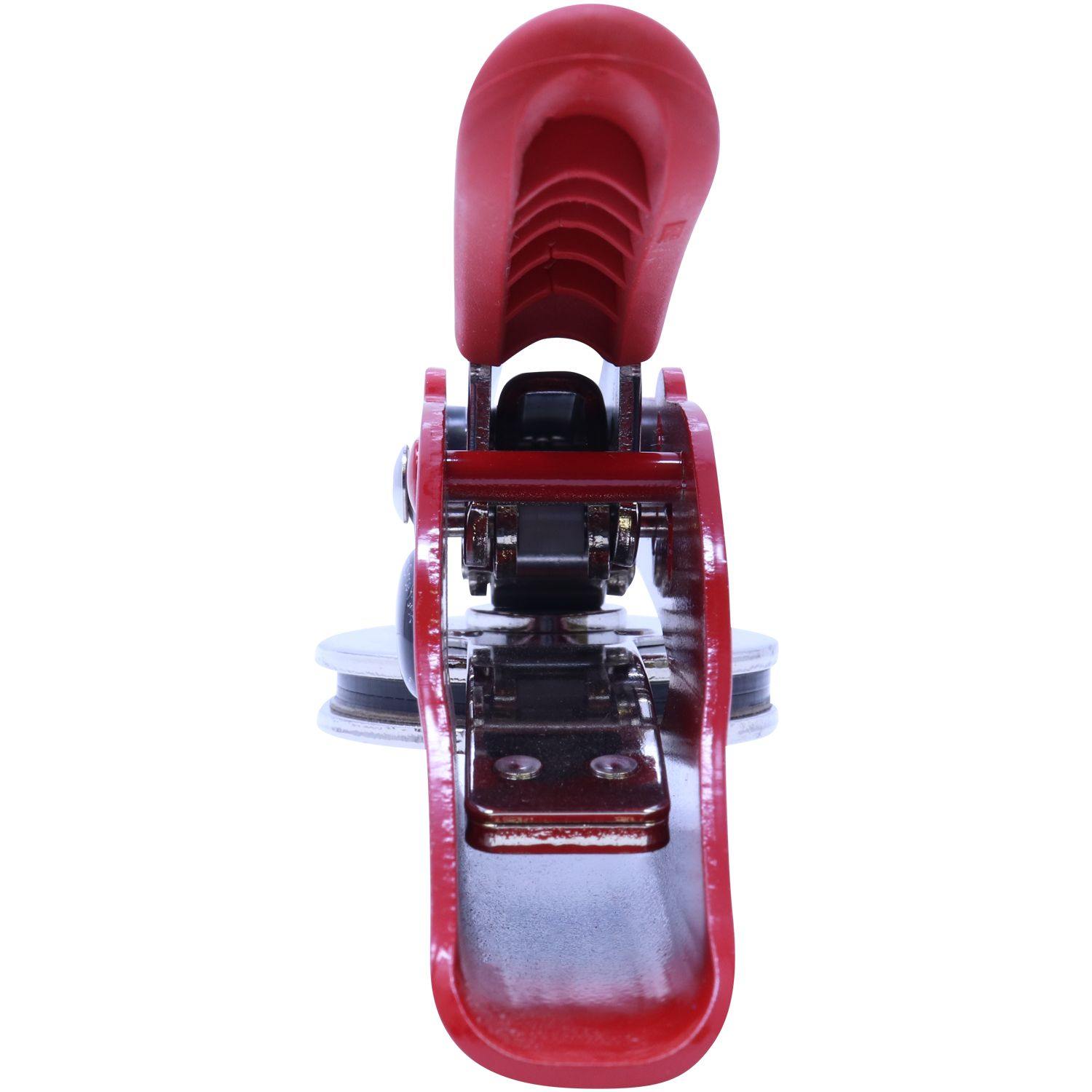 Front view of the Architect Red Seal Handheld Embosser with a red handle and metal embossing mechanism, designed for creating professional embossed seals.