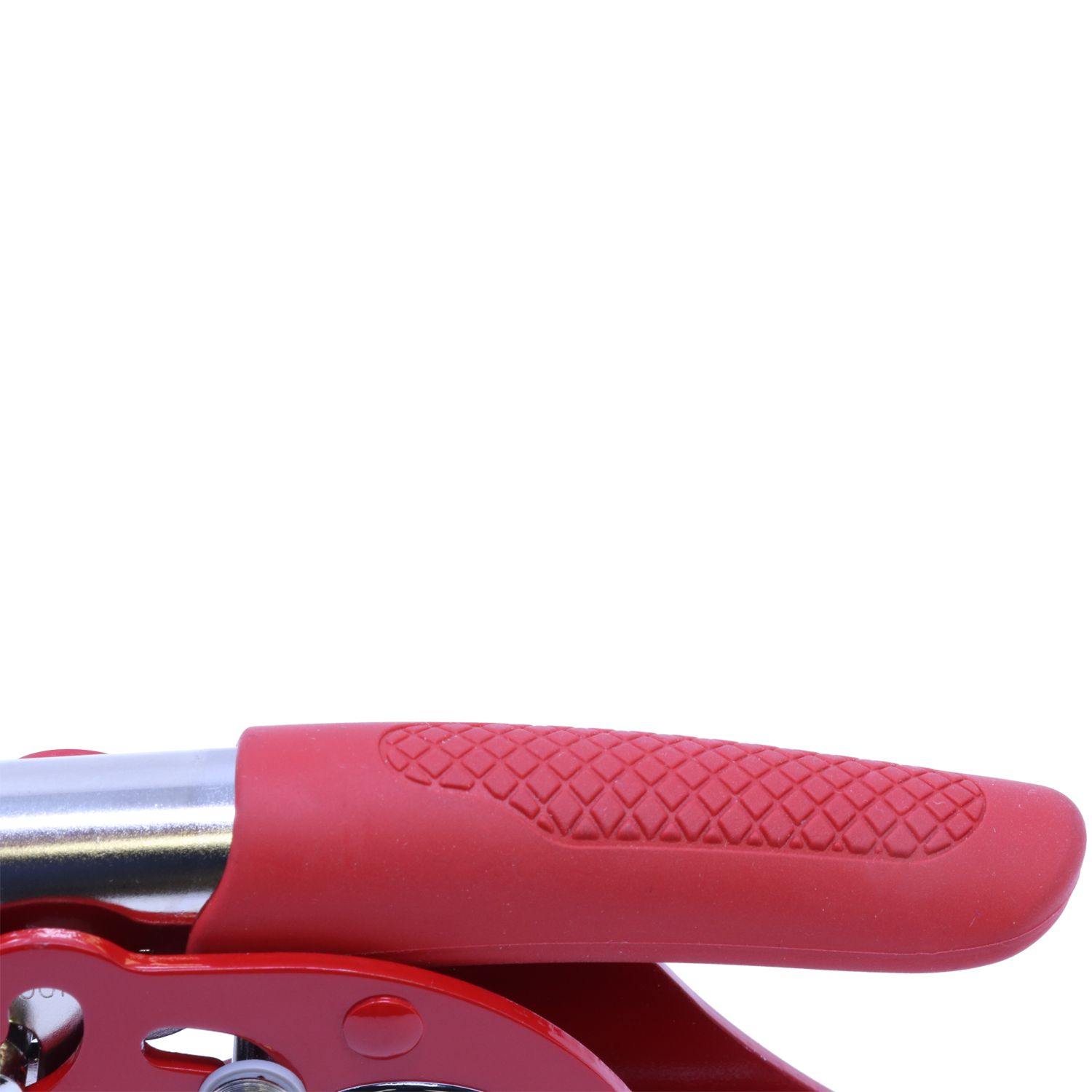 Close-up of the Public Weighmaster Red Soft Seal Embosser handle, showcasing its textured red grip and metallic components.