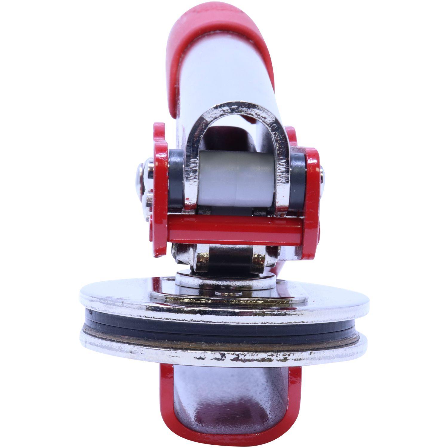 Front view of the Architect Red Seal Handheld Embosser, showcasing its red handle and metal embossing plates, designed for creating precise and professional seals.