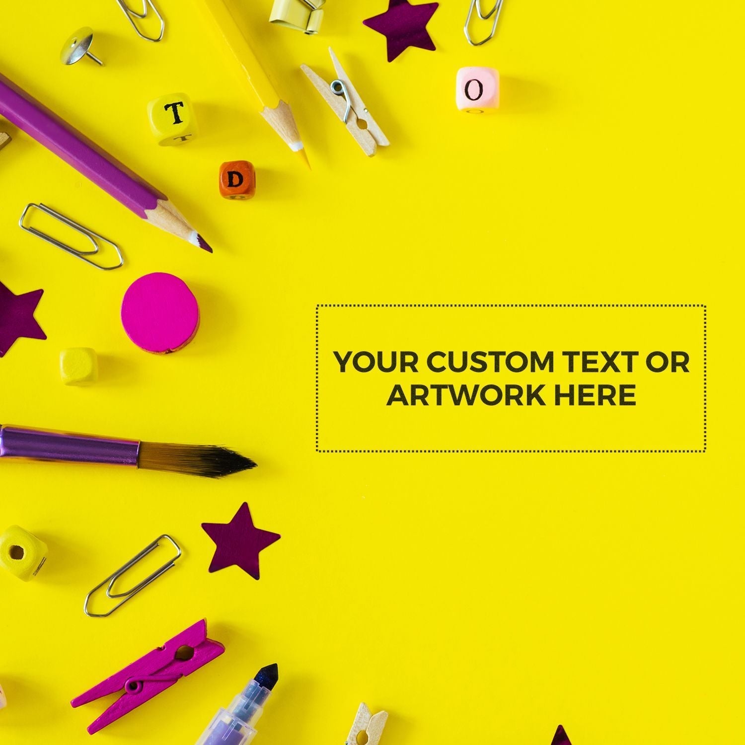 Custom Rubber Stamp Size 1-1/2 x 4 on a yellow background with various stationery items like pencils, clips, and stars surrounding it.