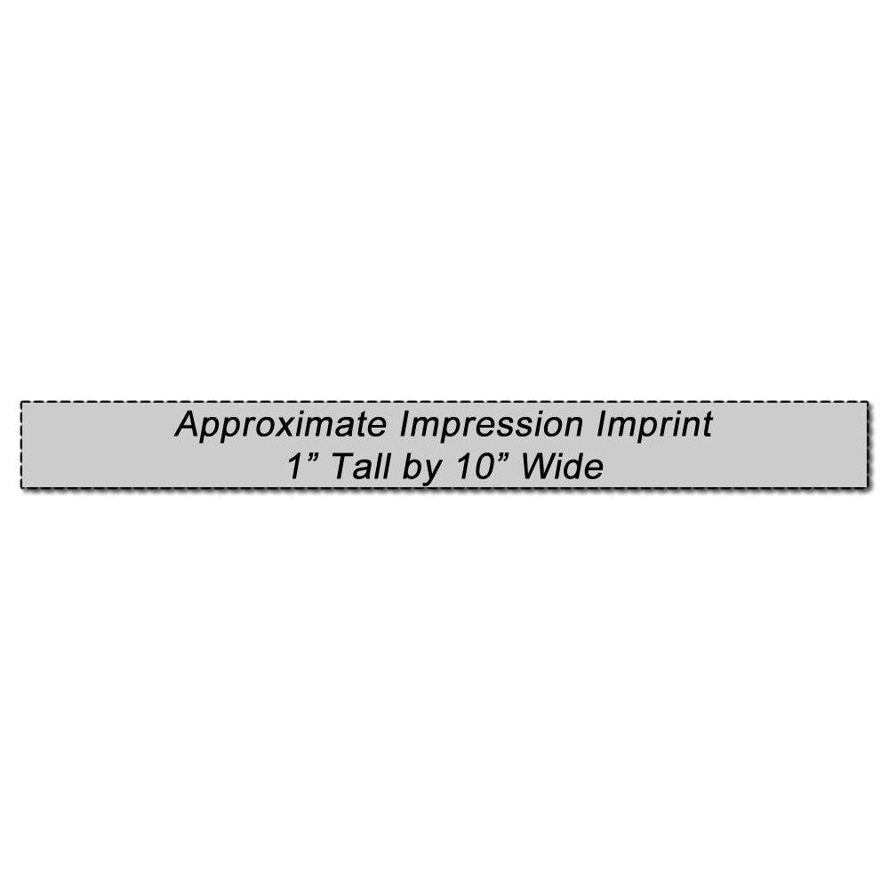 Custom Rubber Stamp Size 1 x 10 with an approximate impression imprint of 1 inch tall by 10 inches wide, shown on a white background.