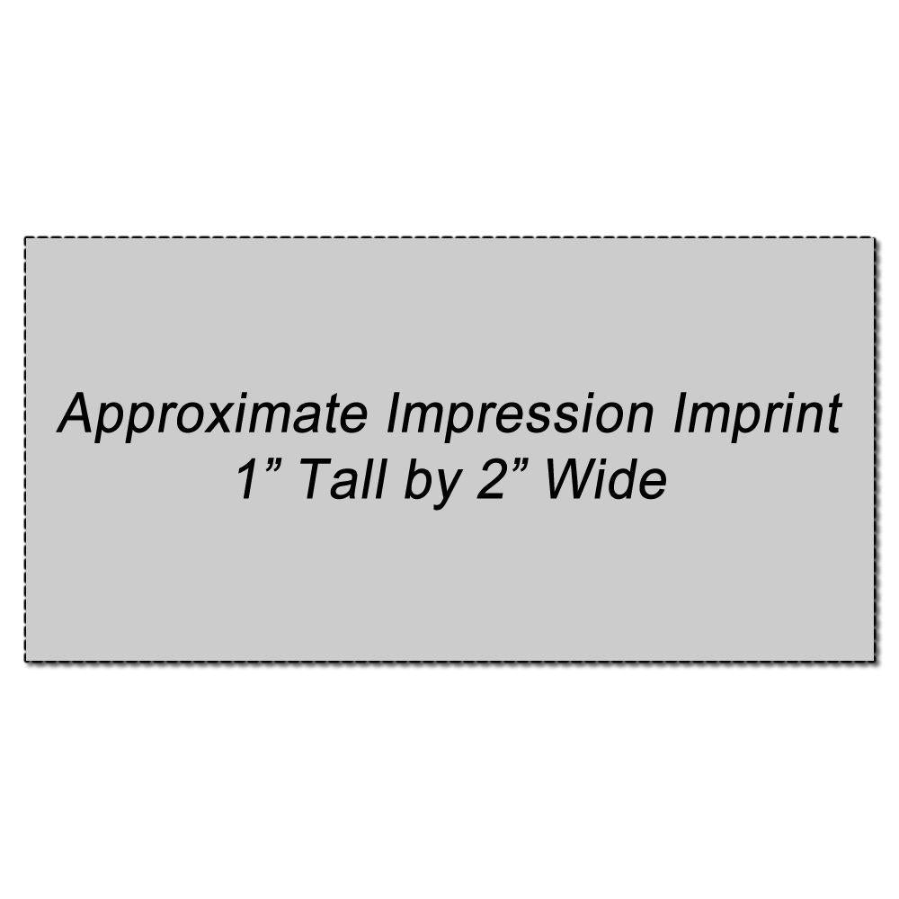 Custom Rubber Stamp Size 1 x 2 with an approximate impression imprint of 1 inch tall by 2 inches wide, shown on a grey background.