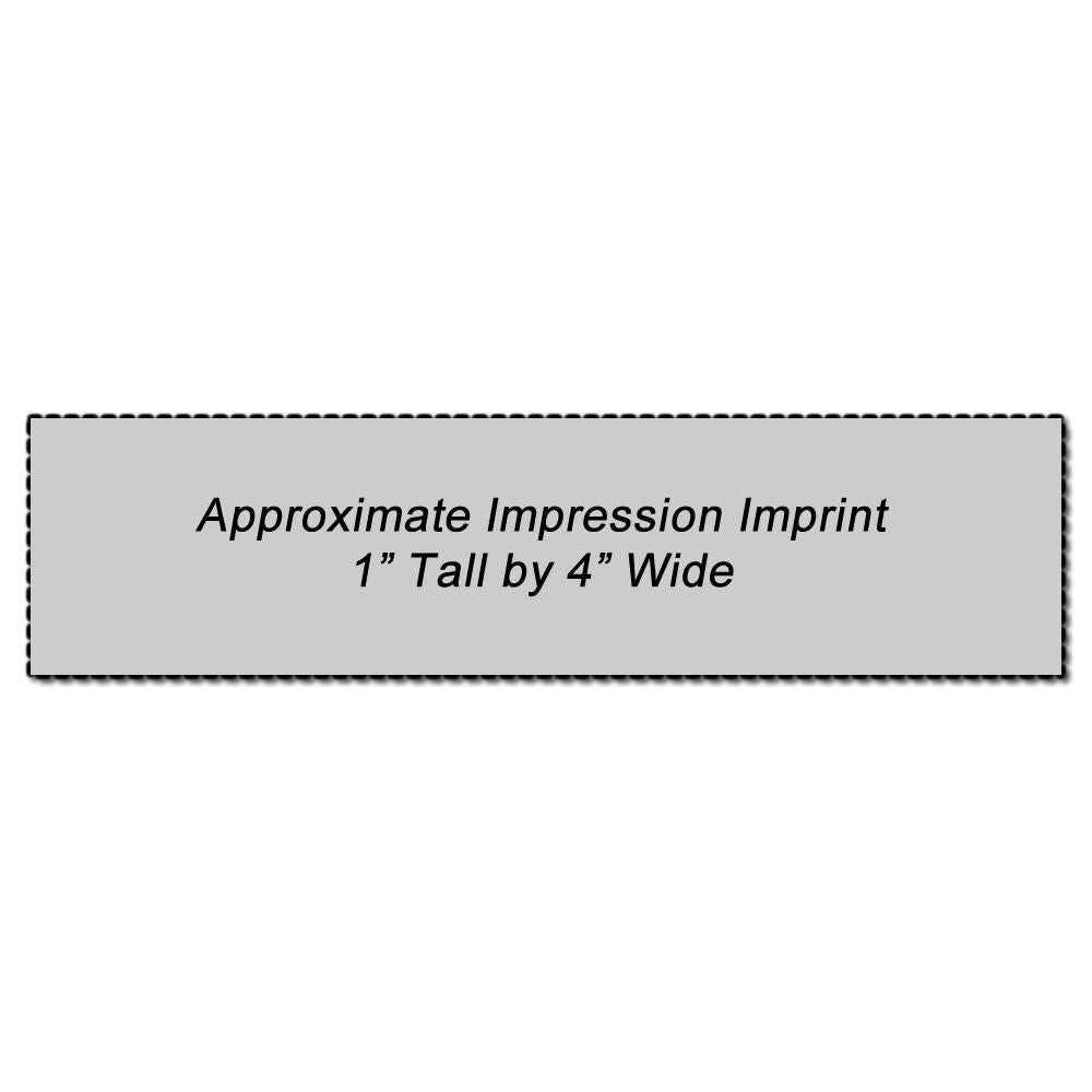 Custom Rubber Stamp Size 1 x 4, showing an approximate impression imprint of 1 inch tall by 4 inches wide on a gray background.