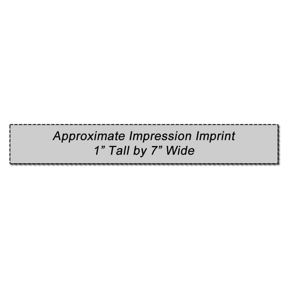 Custom Rubber Stamp Size 1 x 7 with approximate impression imprint of 1 inch tall by 7 inches wide, shown on a white background.