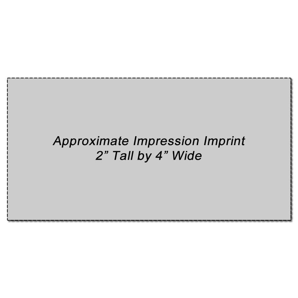 Image showing the imprint area of a Custom Rubber Stamp Size 2 x 4, with text Approximate Impression Imprint 2” Tall by 4” Wide in the center.